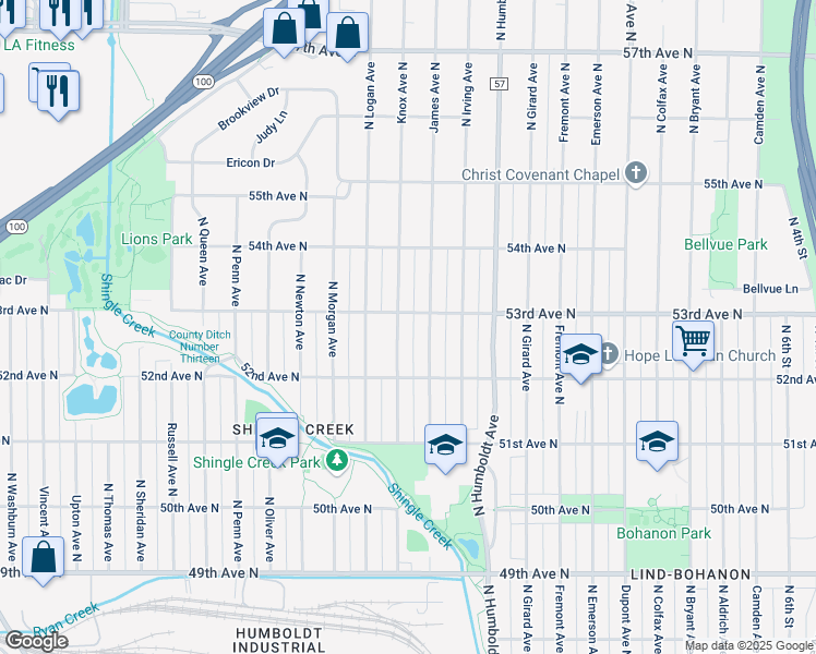 map of restaurants, bars, coffee shops, grocery stores, and more near 5259 Knox Avenue North in Minneapolis