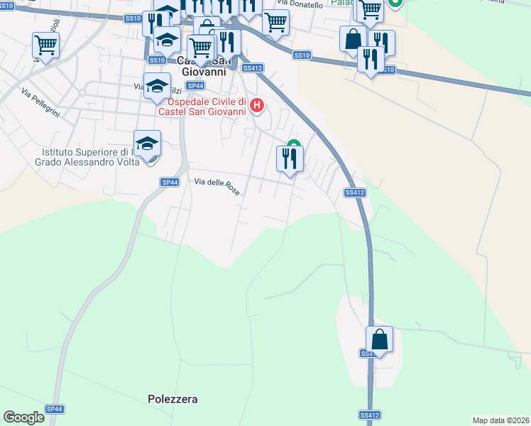 map of restaurants, bars, coffee shops, grocery stores, and more near 12 Via Umberto Nobile in Provincia di Piacenza