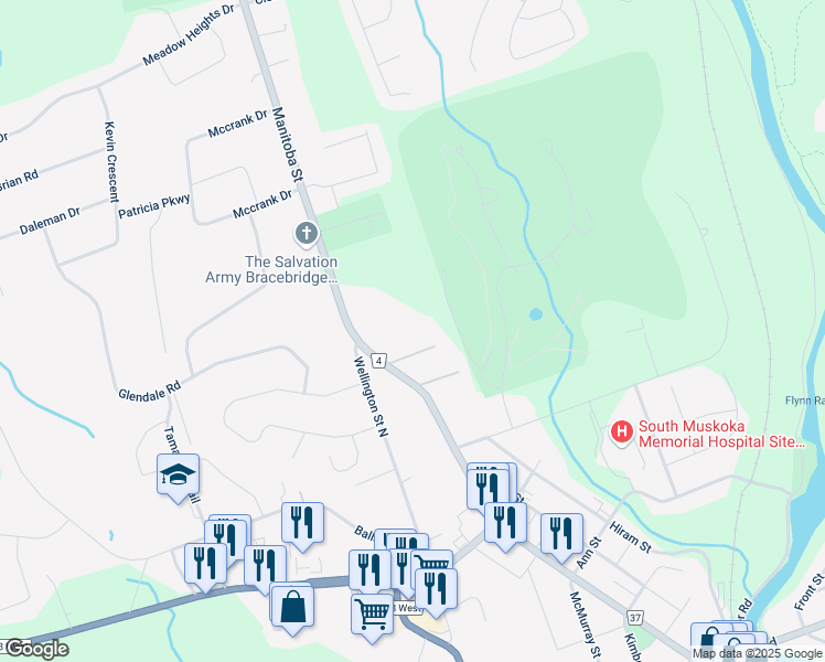 map of restaurants, bars, coffee shops, grocery stores, and more near 391 C Manitoba Street in Bracebridge