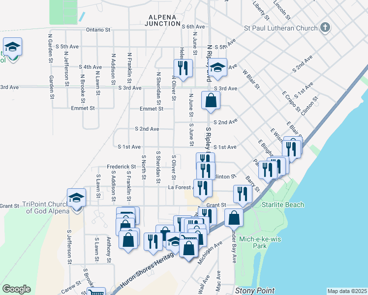 map of restaurants, bars, coffee shops, grocery stores, and more near 2199 South 1st Avenue in Alpena