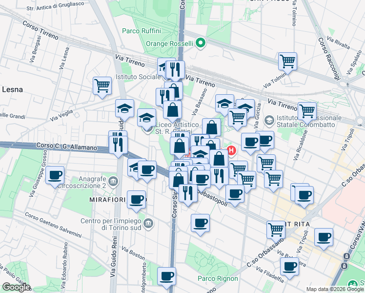map of restaurants, bars, coffee shops, grocery stores, and more near in Turin