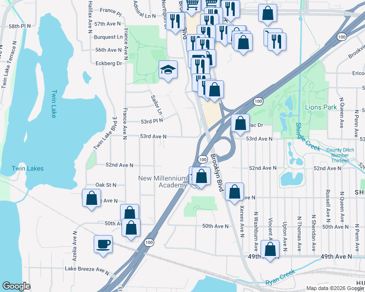 map of restaurants, bars, coffee shops, grocery stores, and more near 3305 53rd Avenue North in Brooklyn Center