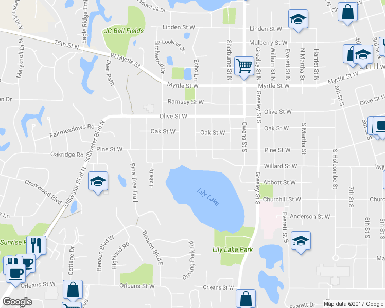map of restaurants, bars, coffee shops, grocery stores, and more near 1401 Pine Street West in Stillwater