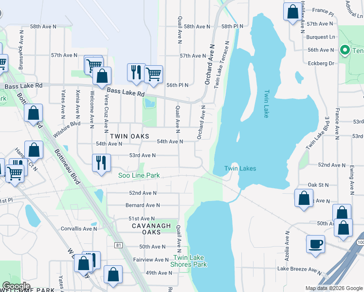 map of restaurants, bars, coffee shops, grocery stores, and more near 4933 54th Avenue North in Minneapolis
