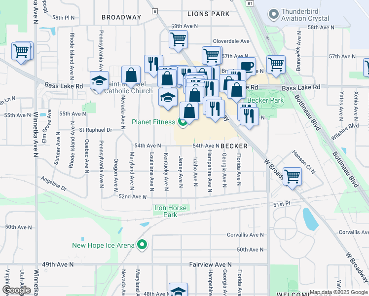 map of restaurants, bars, coffee shops, grocery stores, and more near 5336 Jersey Avenue North in Minneapolis