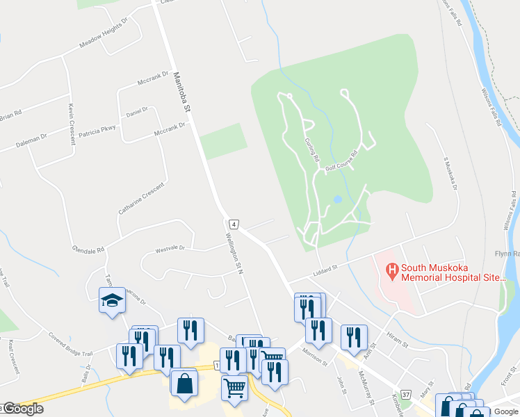 map of restaurants, bars, coffee shops, grocery stores, and more near 391 C Manitoba Street in Bracebridge