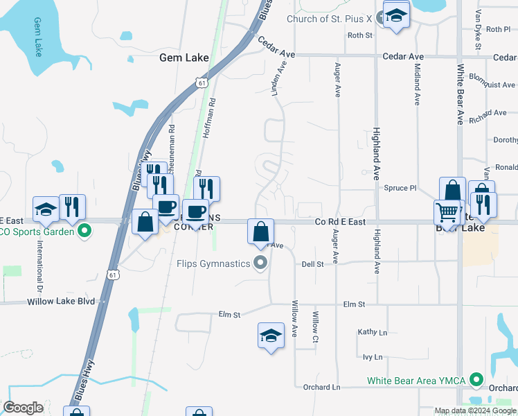 map of restaurants, bars, coffee shops, grocery stores, and more near 3642 Linden Avenue in White Bear Lake