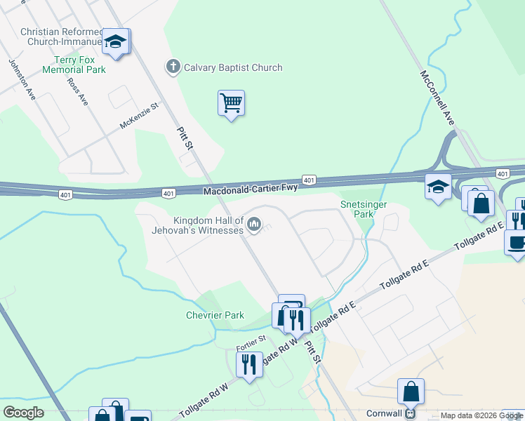 map of restaurants, bars, coffee shops, grocery stores, and more near 26 Wellington Street East in Cornwall