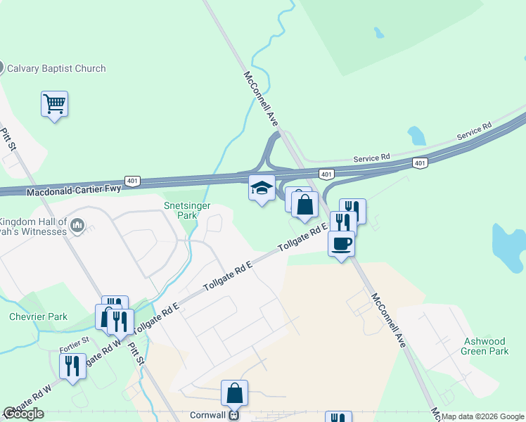 map of restaurants, bars, coffee shops, grocery stores, and more near 405 Tollgate Road East in Cornwall