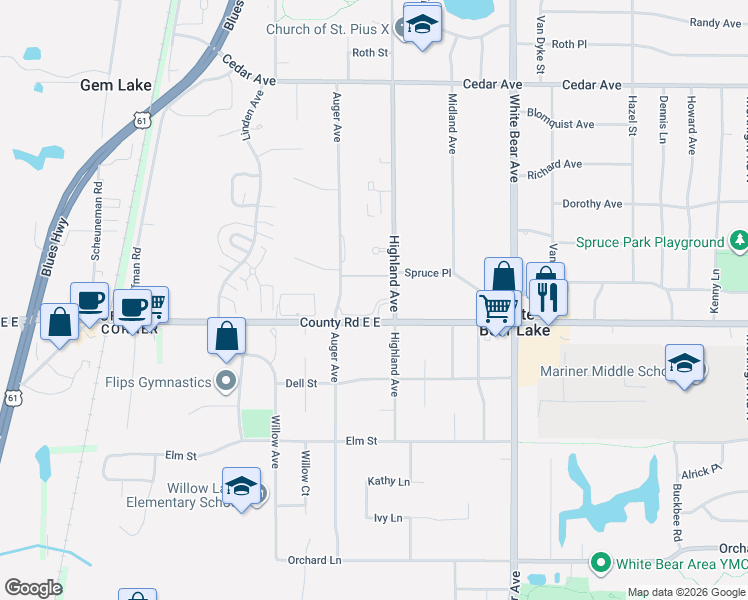 map of restaurants, bars, coffee shops, grocery stores, and more near 1887 County Road E East in Saint Paul