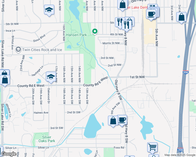 map of restaurants, bars, coffee shops, grocery stores, and more near 45 12th Avenue Northwest in New Brighton
