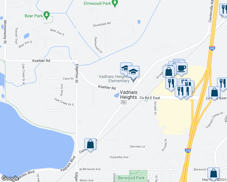 map of restaurants, bars, coffee shops, grocery stores, and more near 702 Koehler Road in Vadnais Heights