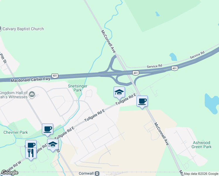 map of restaurants, bars, coffee shops, grocery stores, and more near 405 Tollgate Road East in Cornwall