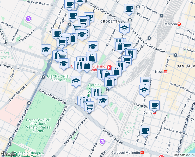 map of restaurants, bars, coffee shops, grocery stores, and more near 3-17 Corso Rosselli in Torino