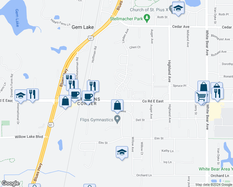 map of restaurants, bars, coffee shops, grocery stores, and more near 3654 Linden Avenue in White Bear Lake