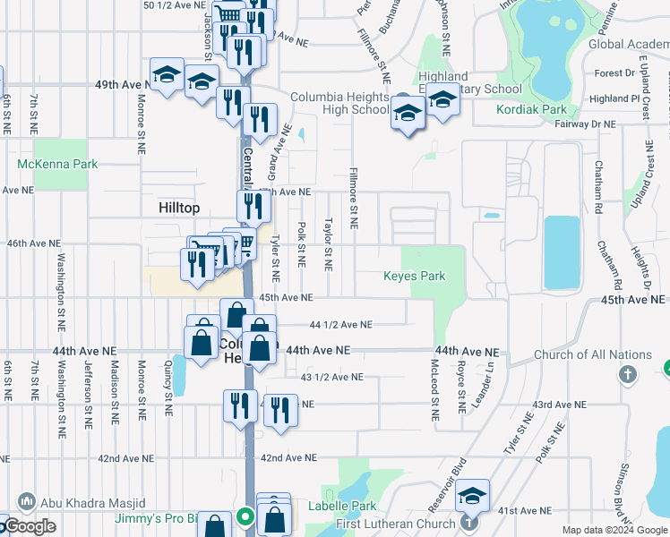 map of restaurants, bars, coffee shops, grocery stores, and more near 4531 Taylor Street Northeast in Minneapolis