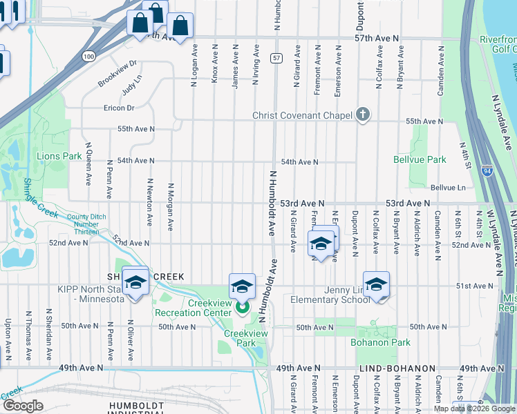 map of restaurants, bars, coffee shops, grocery stores, and more near 5254 North Irving Avenue in Minneapolis