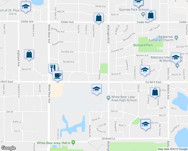 map of restaurants, bars, coffee shops, grocery stores, and more near 2202 Spruce Place in White Bear Lake