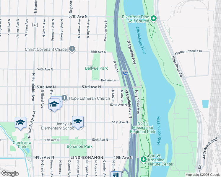 map of restaurants, bars, coffee shops, grocery stores, and more near 5253 6th Street North in Minneapolis