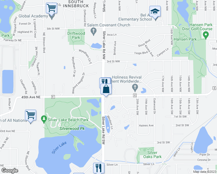 map of restaurants, bars, coffee shops, grocery stores, and more near 151 Silver Lake Road Northwest in Saint Paul