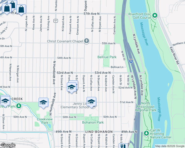map of restaurants, bars, coffee shops, grocery stores, and more near 5254 North Colfax Avenue in Minneapolis