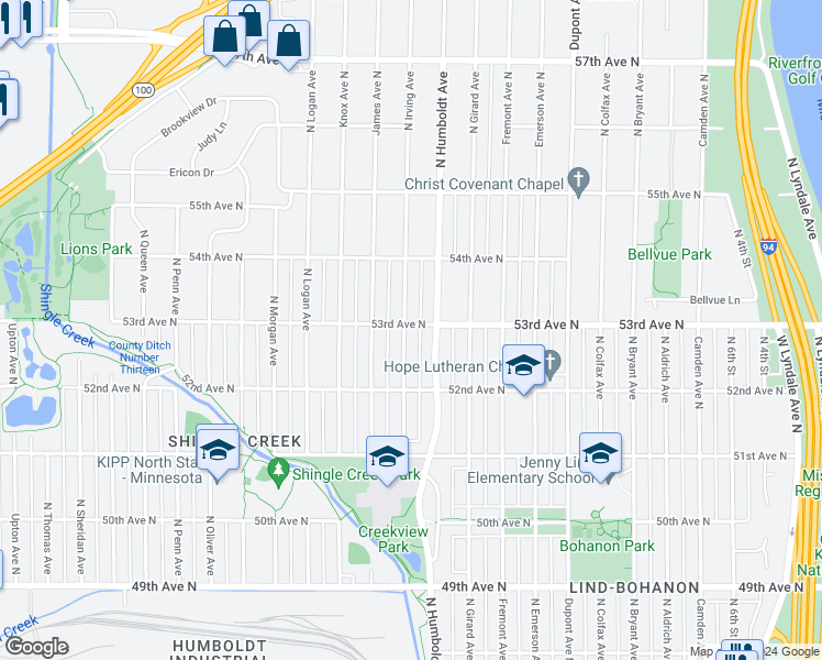 map of restaurants, bars, coffee shops, grocery stores, and more near 5254 Irving Avenue North in Minneapolis