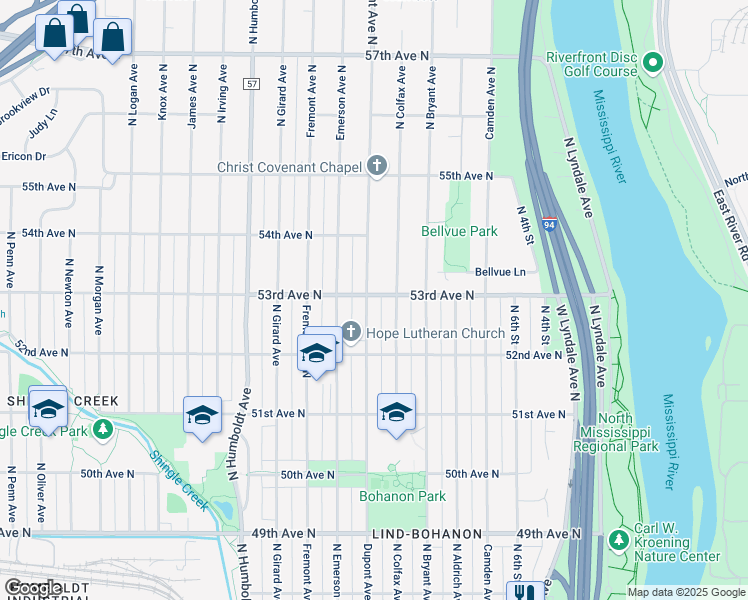 map of restaurants, bars, coffee shops, grocery stores, and more near 5254 Dupont Avenue North in Minneapolis