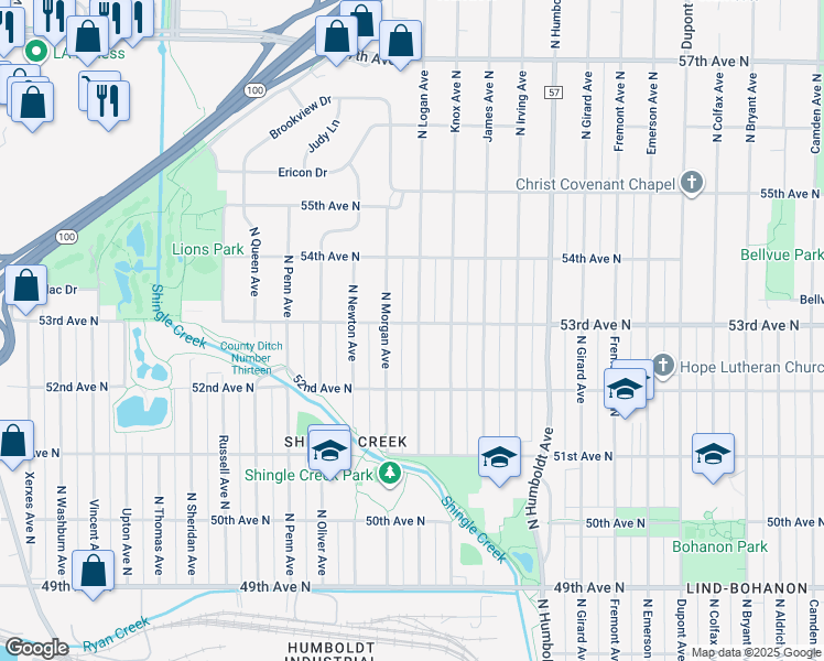 map of restaurants, bars, coffee shops, grocery stores, and more near 5259 North Logan Avenue in Minneapolis