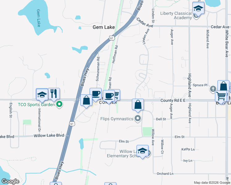map of restaurants, bars, coffee shops, grocery stores, and more near 3600 Hoffman Road in White Bear Lake
