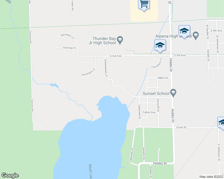 map of restaurants, bars, coffee shops, grocery stores, and more near Greenhaven Lane in Alpena