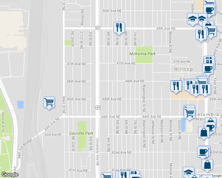 map of restaurants, bars, coffee shops, grocery stores, and more near 4533 4th Street Northeast in Minneapolis
