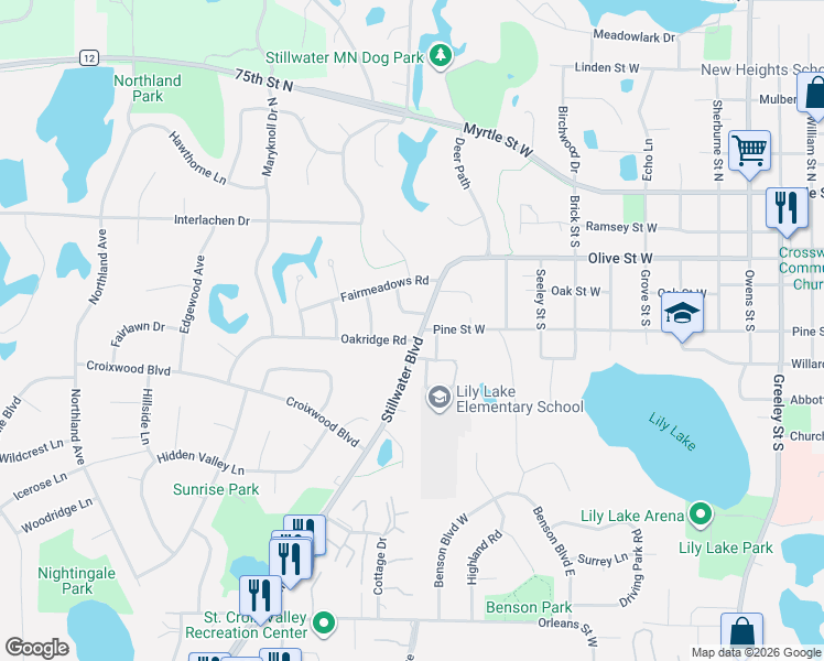 map of restaurants, bars, coffee shops, grocery stores, and more near 2106 Oakridge Road in Stillwater