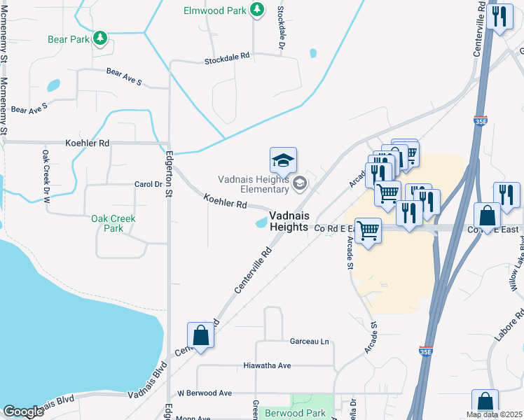 map of restaurants, bars, coffee shops, grocery stores, and more near 702 Koehler Road in Vadnais Heights
