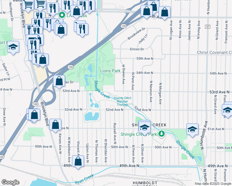 map of restaurants, bars, coffee shops, grocery stores, and more near 2317 53rd Avenue North in Minneapolis