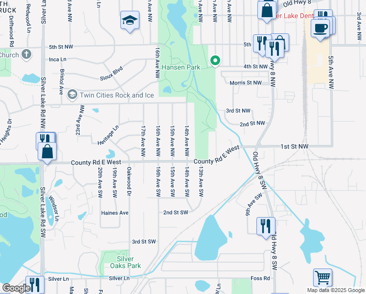 map of restaurants, bars, coffee shops, grocery stores, and more near 141 14th Avenue Southwest in New Brighton