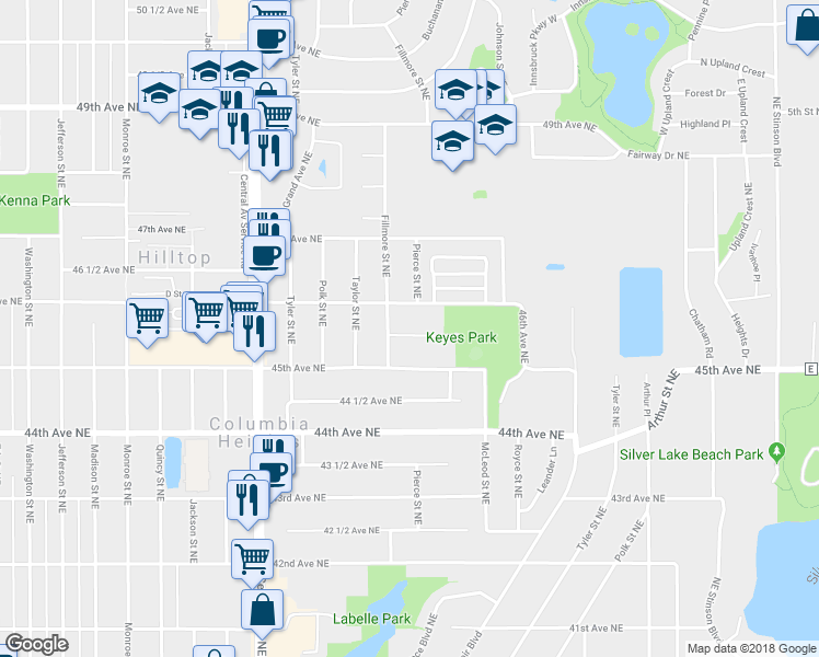 map of restaurants, bars, coffee shops, grocery stores, and more near 1215 45 1/2 Avenue Northeast in Columbia Heights