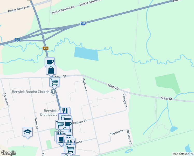 map of restaurants, bars, coffee shops, grocery stores, and more near 190 Main Street in Berwick
