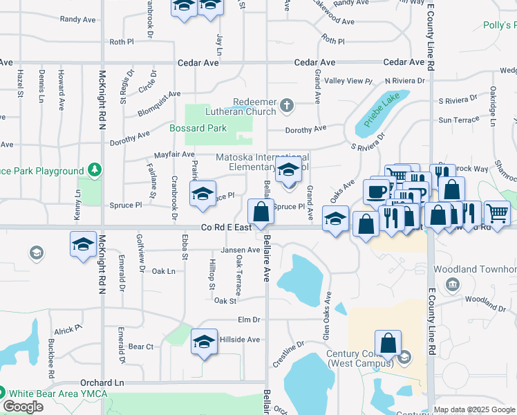 map of restaurants, bars, coffee shops, grocery stores, and more near 3637 Bellaire Avenue in White Bear Lake