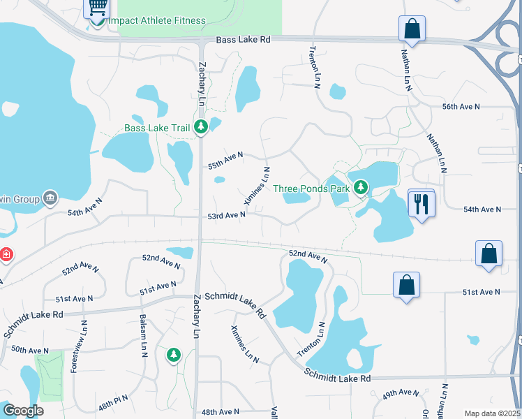 map of restaurants, bars, coffee shops, grocery stores, and more near 10750 53rd Avenue North in Minneapolis