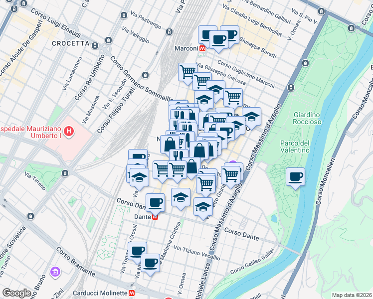 map of restaurants, bars, coffee shops, grocery stores, and more near 80-88 Via Saluzzo in Turin