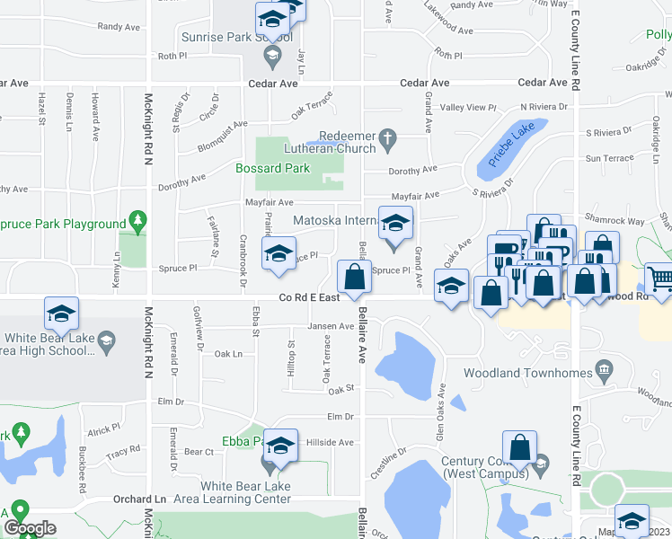 map of restaurants, bars, coffee shops, grocery stores, and more near 3632 Oak Terrace in White Bear Lake