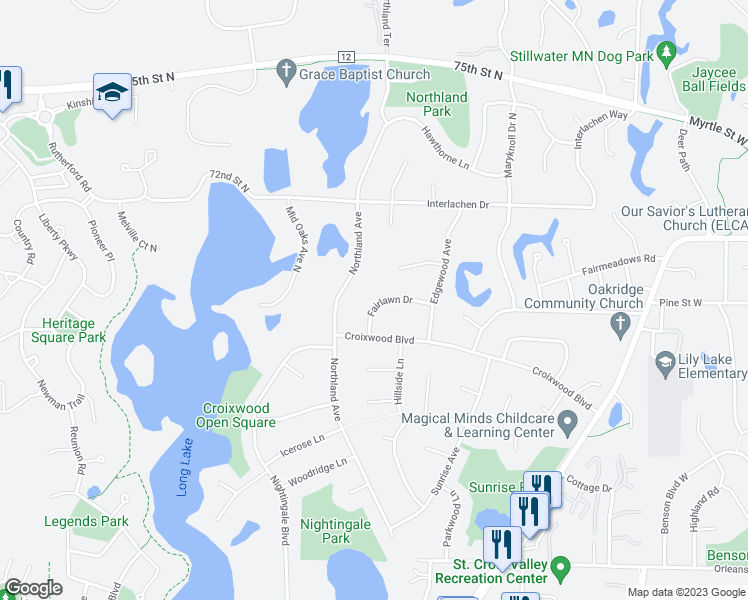 map of restaurants, bars, coffee shops, grocery stores, and more near 2648 Fairlawn Drive in Stillwater