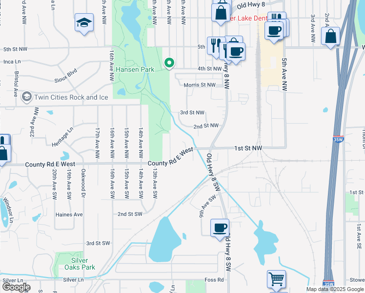map of restaurants, bars, coffee shops, grocery stores, and more near 45 12th Avenue Northwest in New Brighton