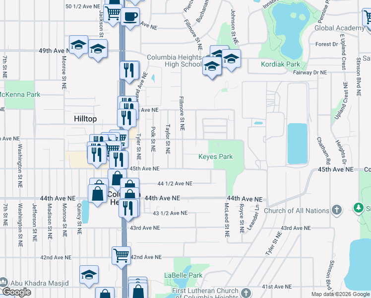 map of restaurants, bars, coffee shops, grocery stores, and more near 1215 45 1/2 Avenue Northeast in Columbia Heights