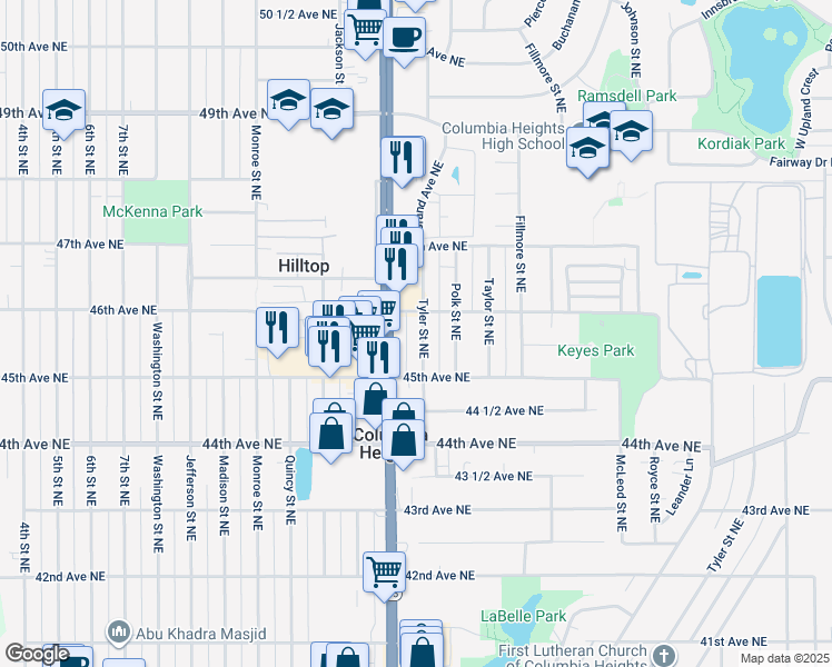 map of restaurants, bars, coffee shops, grocery stores, and more near 4529 Tyler Street Northeast in Minneapolis