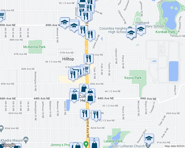 map of restaurants, bars, coffee shops, grocery stores, and more near 4529 Tyler Street Northeast in Minneapolis