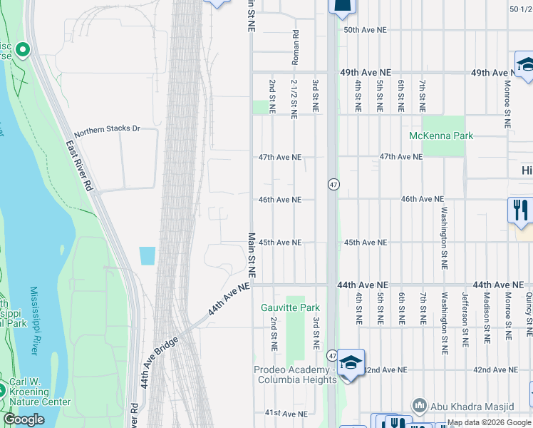 map of restaurants, bars, coffee shops, grocery stores, and more near 4532 2nd Street Northeast in Fridley