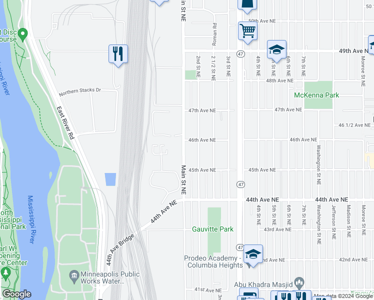 map of restaurants, bars, coffee shops, grocery stores, and more near 4532 2nd Street Northeast in Fridley