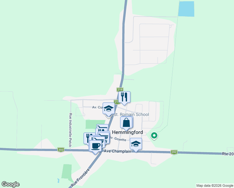 map of restaurants, bars, coffee shops, grocery stores, and more near 591 Québec 219 in Hemmingford