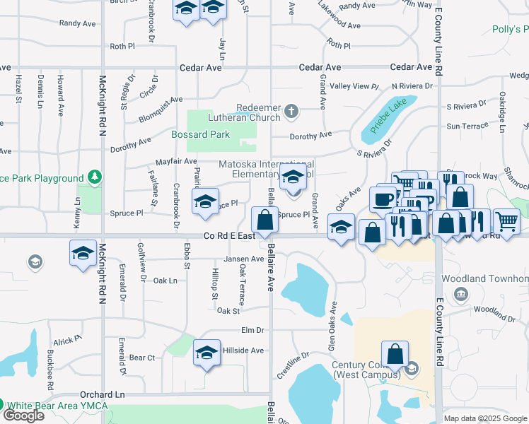 map of restaurants, bars, coffee shops, grocery stores, and more near 3637 Bellaire Avenue in White Bear Lake
